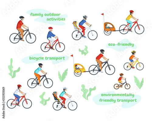 Vector character set.Men, women and children of different ages ride bicycles in helmets.Parents ride bicycles with their children in a bicycle seat.Aged people on a bike ride.Family Outdoor Activities