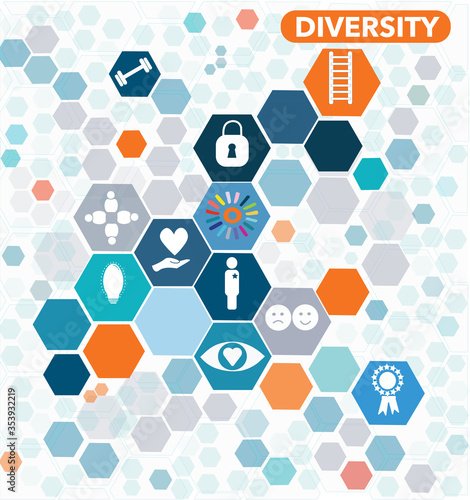 Diversity icons in hexagonal backround representing various areas of inclusion 