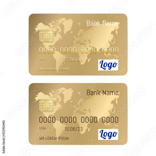 Realistic detailed credit gold cards set isolated on white background. Vector Gold bank card with world map illustration.