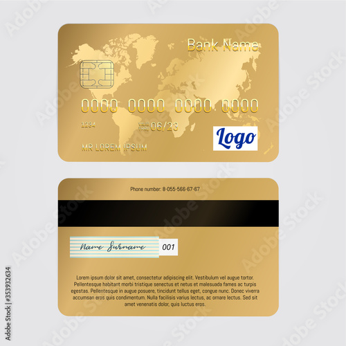 Realistic Vector Golden Banking card two sides isolated on white background. Credit card with world map.