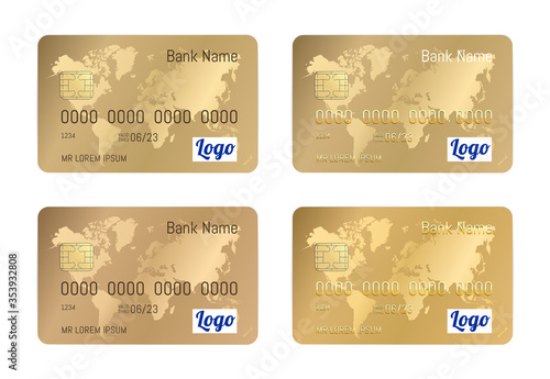 Realistic detailed credit gold cards set isolated on white background. Vector Gold bank card with world map illustration.