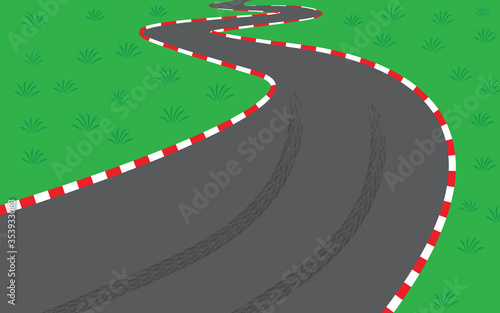 Vector illustration of empty road race track. Winding asphalt road with brake marks surrounded by white and red safety barriers. Skid marks on curve.