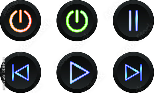 Set of vector modern icons on a white background. Black power button with red and green backlight. UI Elements Navigation menu Media Icons Musical Buttons Real buttons Audio and video control elements