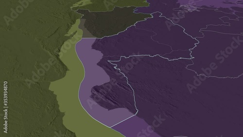 Kigoma, region with its capital, zoomed and extruded on the administrative map of Tanzania in the conformal Stereographic projection. Animation 3D photo