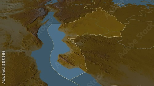 Kigoma, region with its capital, zoomed and extruded on the relief map of Tanzania in the conformal Stereographic projection. Animation 3D photo