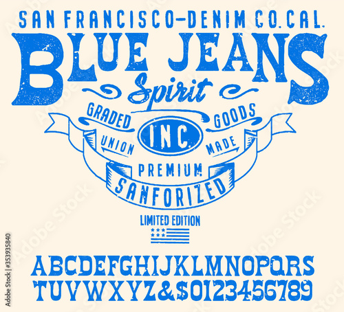 Original vintage Denim print for t-shirt or apparel. Old school vector graphic for fashion and printing. Handmade Vintage Font for labels