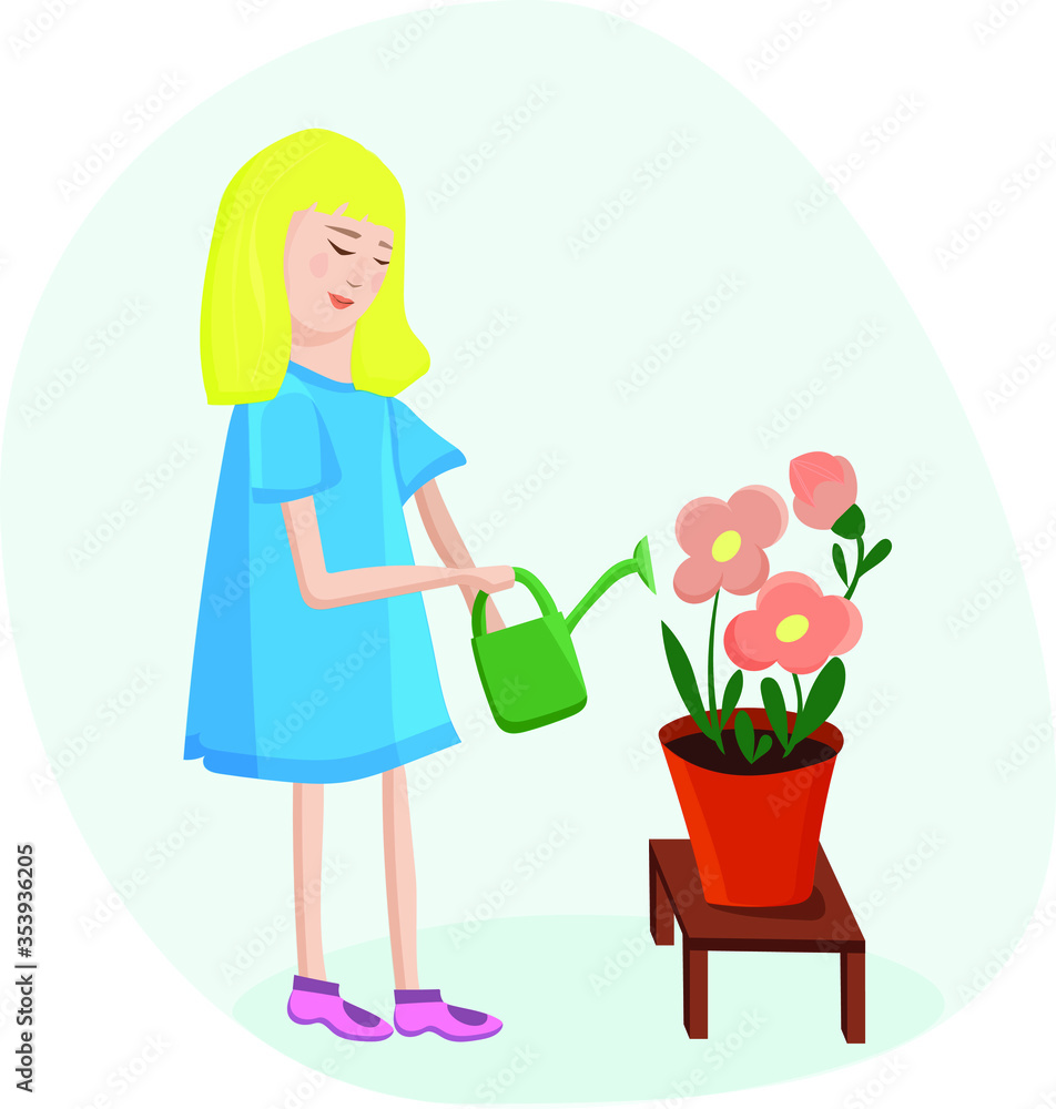 little girl helps with housework. watering from a watering can indoor plants in pots. The concept of family values of home comfort. Vector flat cartoon illustration. little girl helps with housework. watering from a watering can indoor plants in pots. The concept of family values of home comfort. Vector flat cartoon illustration.
