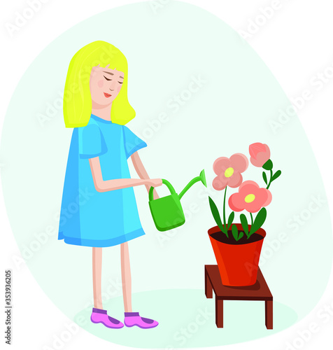 little girl helps with housework. watering from a watering can indoor plants in pots. The concept of family values ​​of home comfort. Vector flat cartoon illustration.