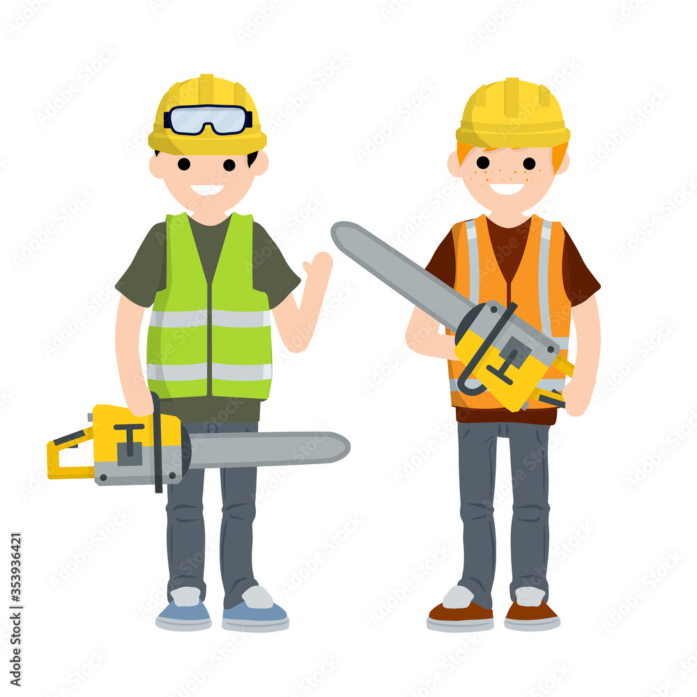 Two Men workers in uniform with helmets, chainsaw and glasses. Industrial safety. Loggers and objects for sawing wood. Cartoon flat illustration. Maintenance service Two Men workers in uniform with helmets, chainsaw and glasses. Industrial safety. Loggers and objects for sawing wood. Cartoon flat illustration. Maintenance service