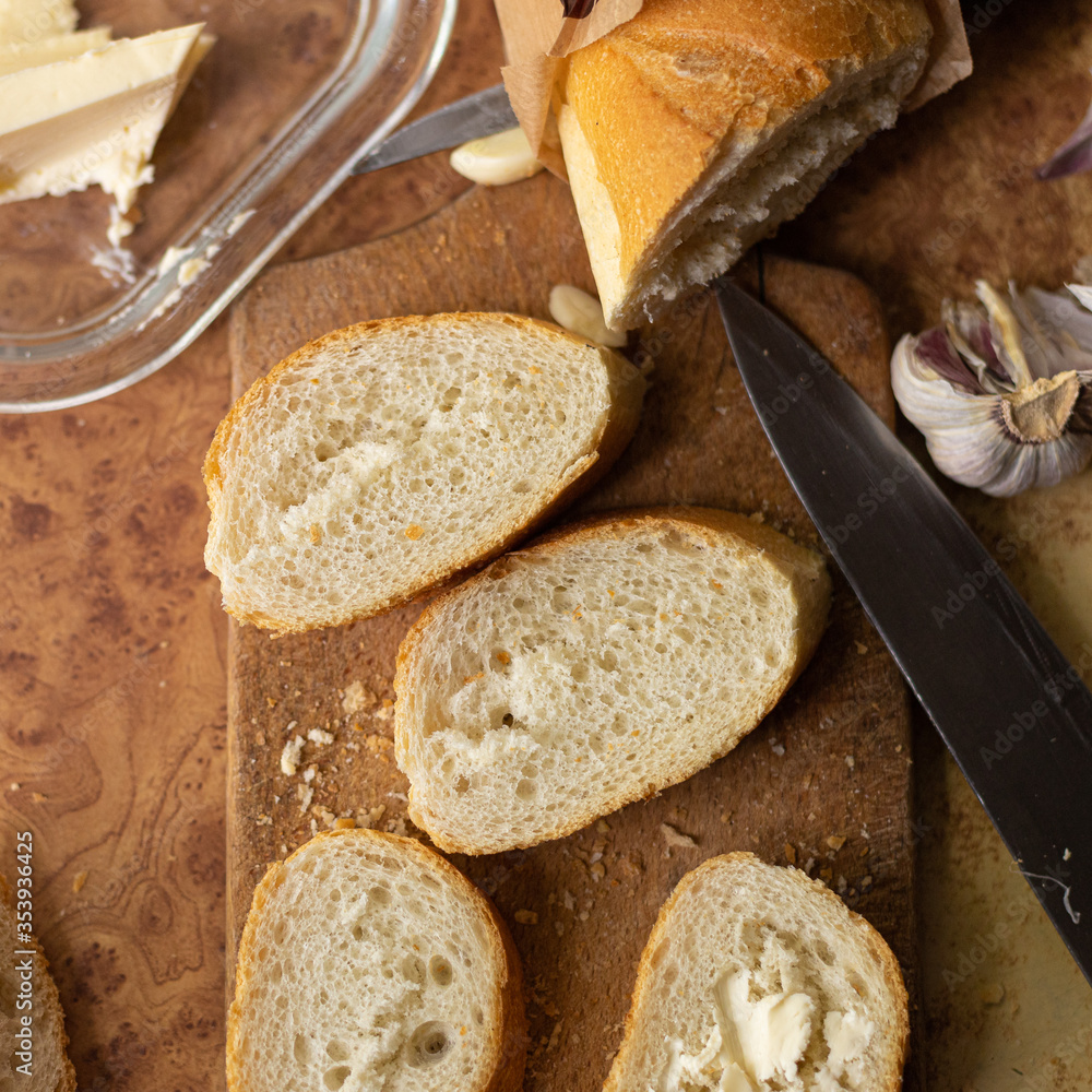 Baguette with butter and garlic.