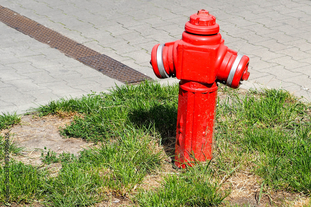 small red with white and gray fire hydrant on the background of the road and grass in the summer in the city small red with white and gray fire hydrant on the background of the road and grass in the summer in the city