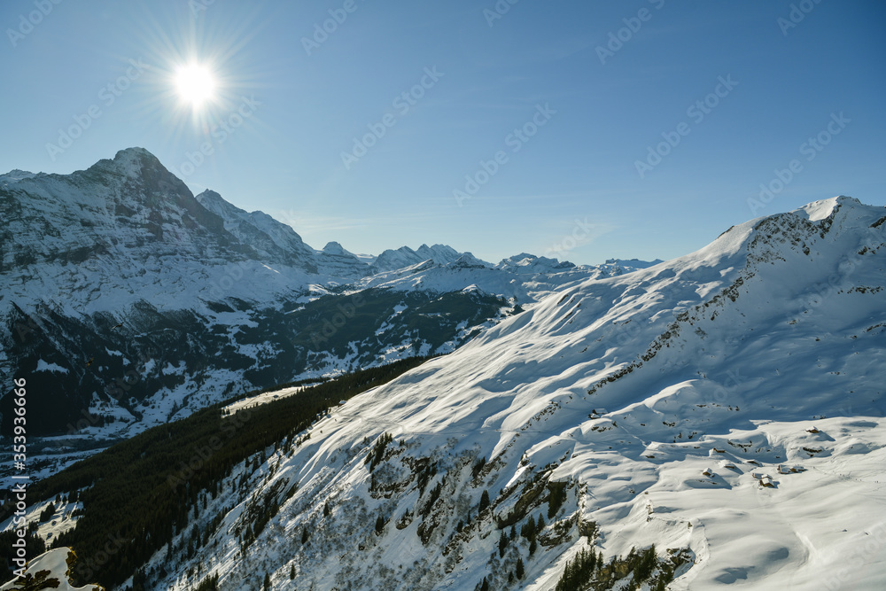 Beautiful views on Bernese Alps as seen from top of First above Grindelwald