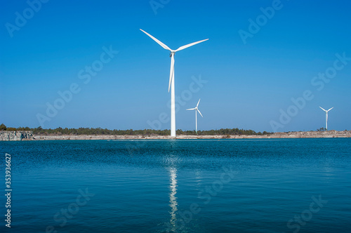 Wind turbine park next to an abandon limestone quarry win the island Gotland, Sweden