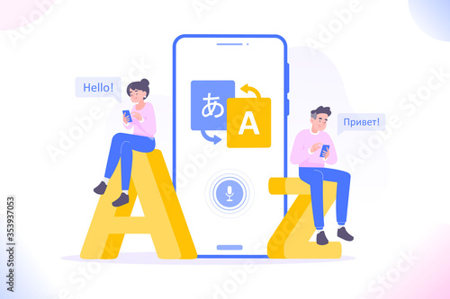 Online multi language translator app concept. Multilingual communication between people. Using translate app on smartphone for learning language. Dialogue between foreign people, vector illustration