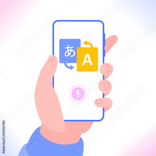 Online multi language translator app concept. Multilingual communication between people. Using translate application on smartphone for learning language. Voice translator, vector illustration