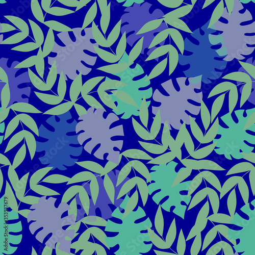 Tropical palm leaves, botanical vector illustration, seamless pattern. Flat style for spring and summer design. For paper, cover, fabric, gift wrap, wall art, home decor