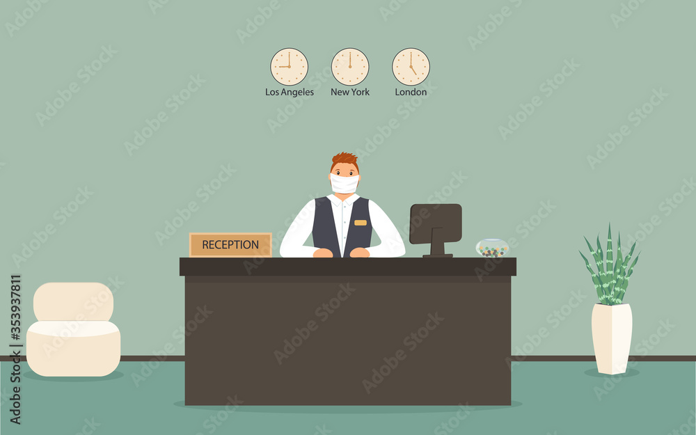 Receptionist redhead male in protective medical mask behind workplace in hotel or bank. Interior of modern reception desk in waiting room or hall in business office.eps10 flat illustration
