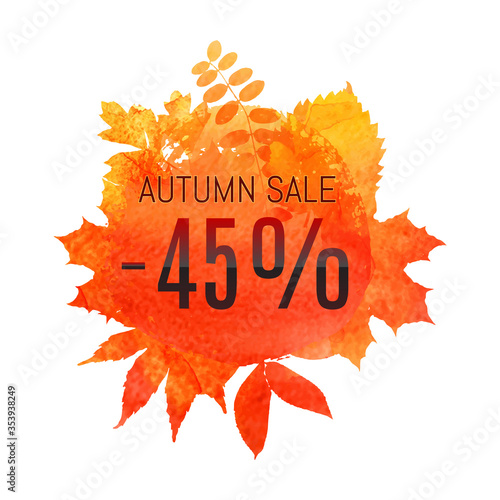 Autumn leaf foliage watercolor. Autumn sale - 45 % off . Fall sale. Web banner or poster for e-commerce, on-line cosmetics shop, fashion & beauty shop, store. Vector illustration. EPS 10
