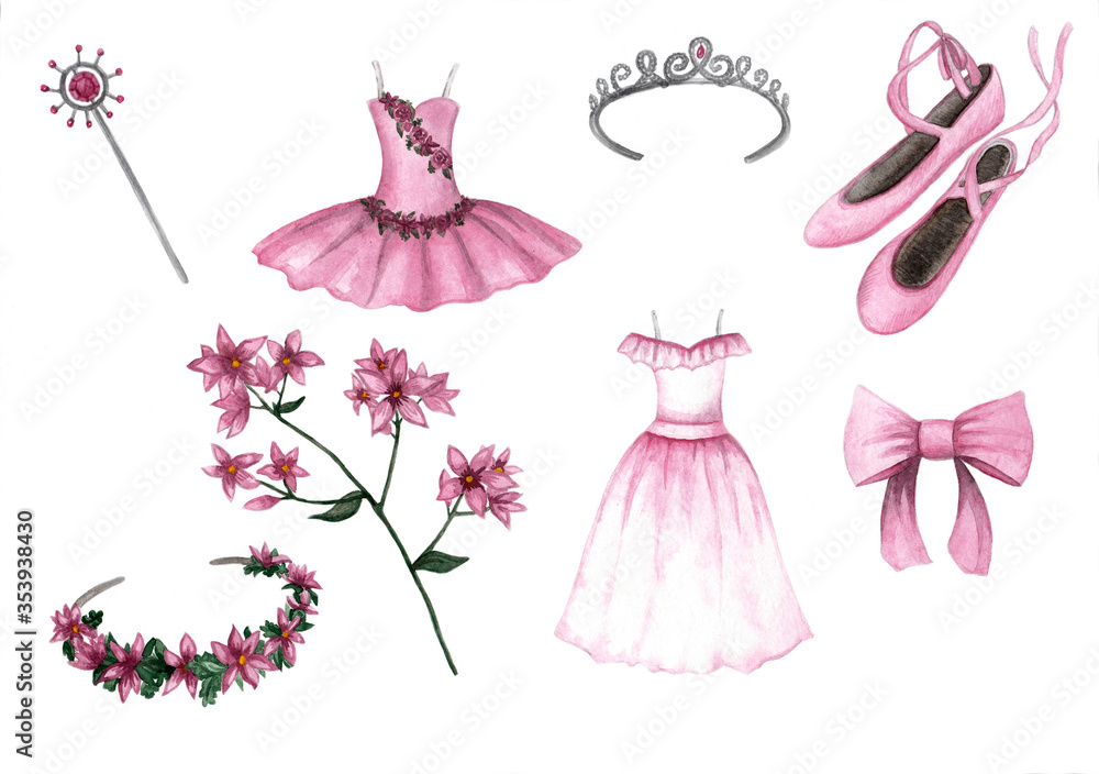 Drawing watercolor set ballet dresses and pointe shoes, accessories for ballerina Drawing watercolor set ballet dresses and pointe shoes, accessories for ballerina