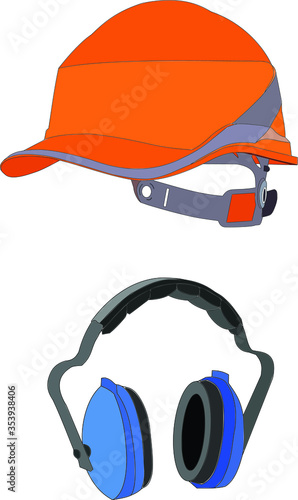 vector drawing. Safety, protective equipment for worker. helmet with earmuffs