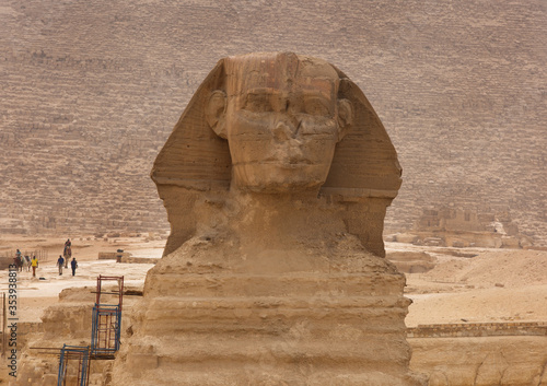 The Great Sphinx with the backdrop of Pyramid of Khafre