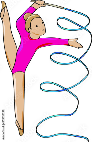 Sports school of rhythmic gymnastics. Young gymnast doing exercises