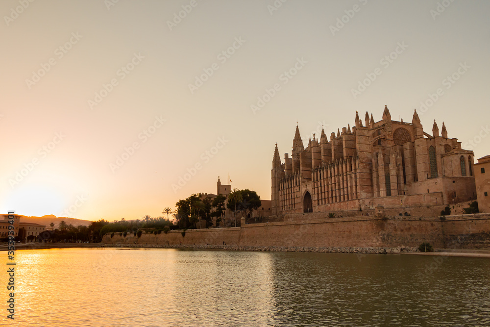Palma de Mallorca cathedral at sunset down view. Horizontal.