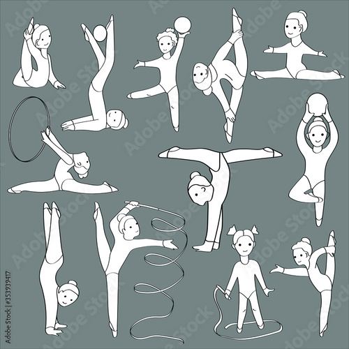 Sports school of rhythmic gymnastics. Young gymnasts do exercises with a ball, tape, Hoop, stretch