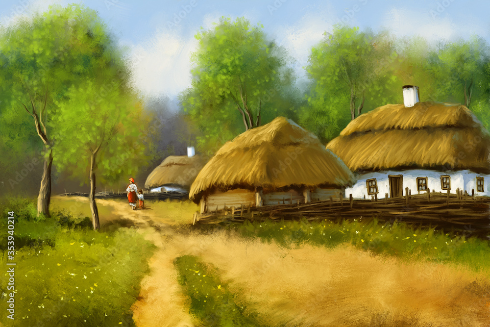 Oil paintings rural landscape, traditional ukrainian village