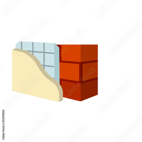 Red brick wall in isometry with layers of plaster and insulation. Material for home repair. Construction of buildings. Scheme of applying blue and yellow layer