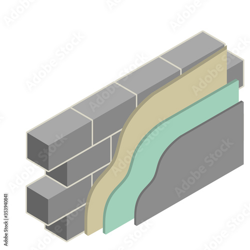 Grey brick wall of house. Element of building construction. Stone object. Isometric illustration. Symbol of protection and security