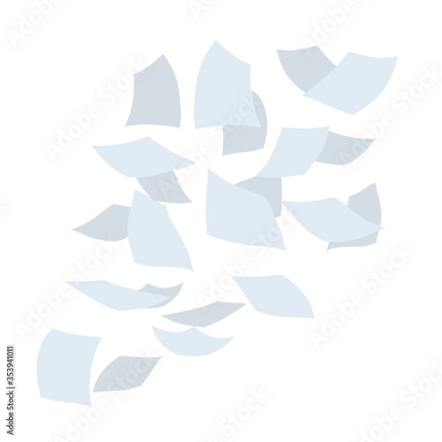 Flying white paper file documents. The element of working with letters on a white background. Cartoon flat illustration. Left office trash