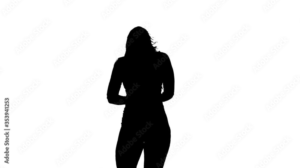 black silhouette on a white background, young beautiful girl dancer in fishnet tights and shorts dancing dancehall twerk, street modern dance, medium long shot black silhouette on a white background, young beautiful girl dancer in fishnet tights and shorts dancing dancehall twerk, street modern dance, medium long shot