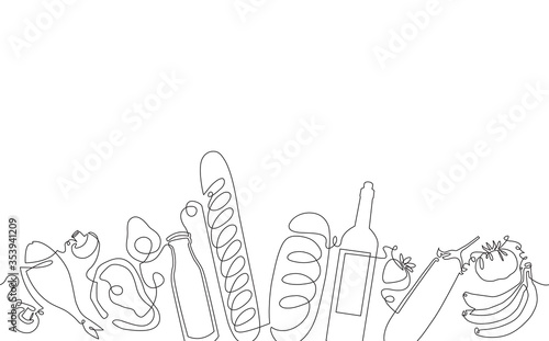 Food Seamless Pattern. Backgroud with Vegetables, Fruits, Meat and Bakery Products. Vector illustration.