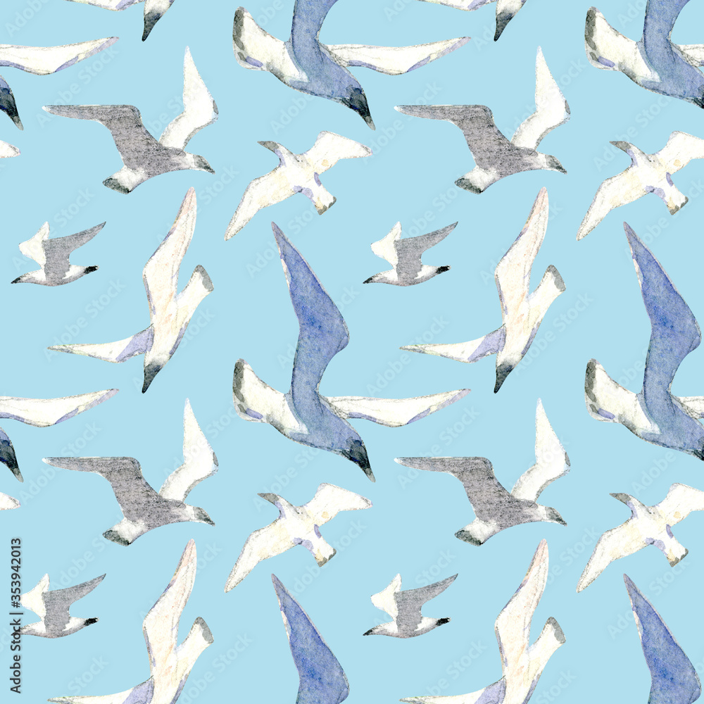 Seamless pattern with seagulls on blue background. Stock illustration with hand drawn watercolor of flying birds. Seamless pattern with seagulls on blue background. Stock illustration with hand drawn watercolor of flying birds.