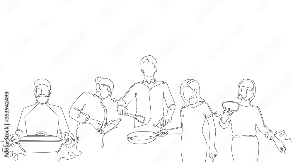 Vector Background with Hand drawn One line Silhouettes of People Cooking. Seamless Patten. Vector Background with Hand drawn One line Silhouettes of People Cooking. Seamless Patten.