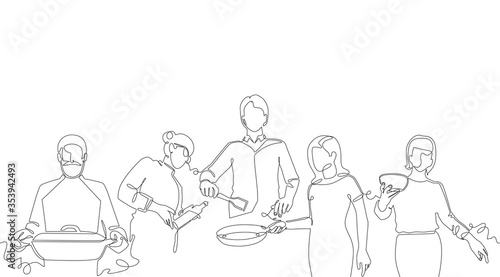 Vector Background with Hand drawn One line Silhouettes of People Cooking. Seamless Patten. 