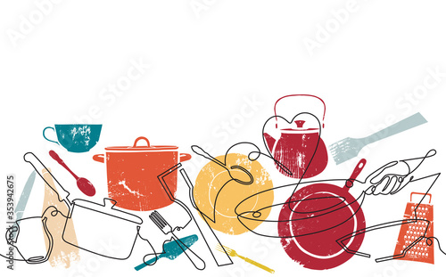 Seamless Horizontal Pattern with Utensils. Cooking Placard. Vector illustration.