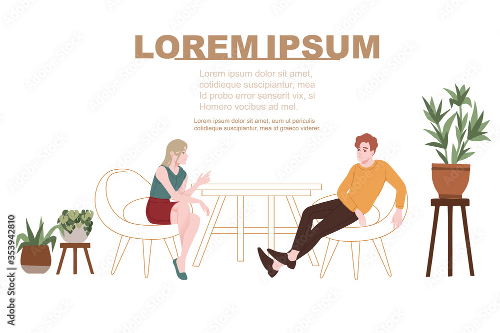 Loving couple in a cafe cute people in casual clothes sitting on soft chairs cafe room with chair table and plant pod flat vector illustration on white background