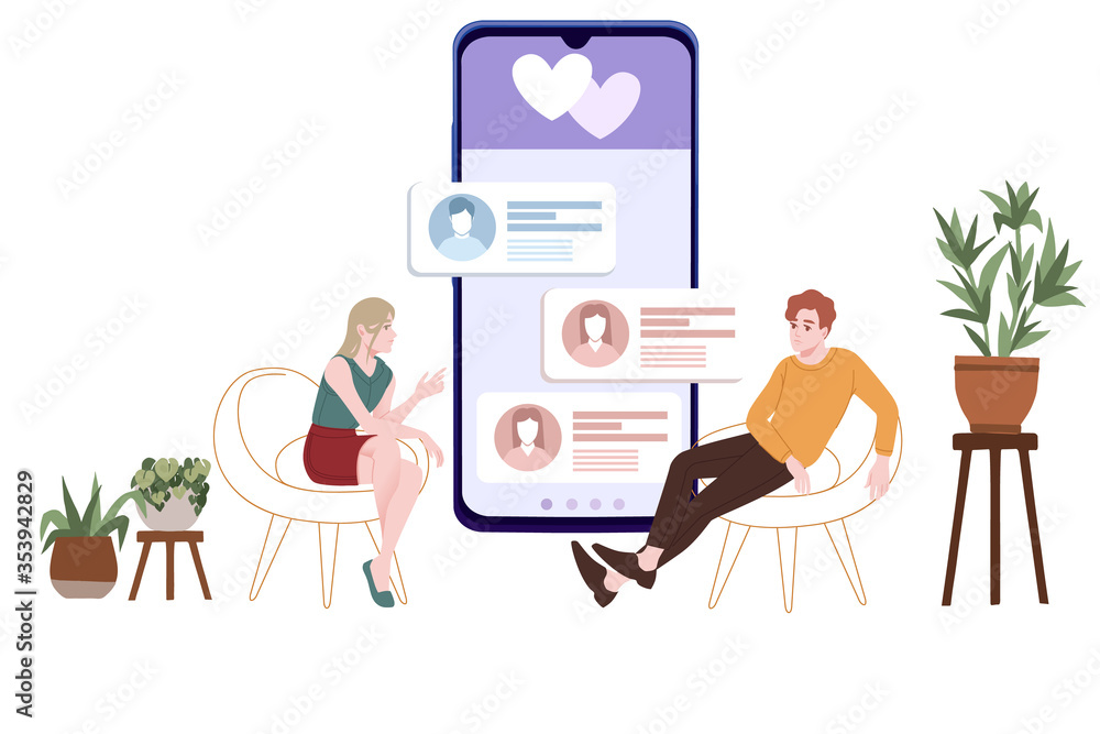 Loving couple in a cafe cute people in casual clothes sitting on soft chairs cafe room with chair and plant pod flat vector illustration on white background with big abstract smartphone chat app