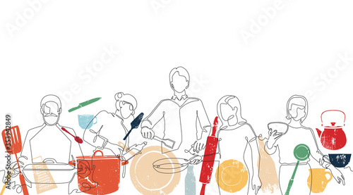 Vector Background with Hand drawn One line Silhouettes of People Cooking and Utensils. Seamless Patten. 