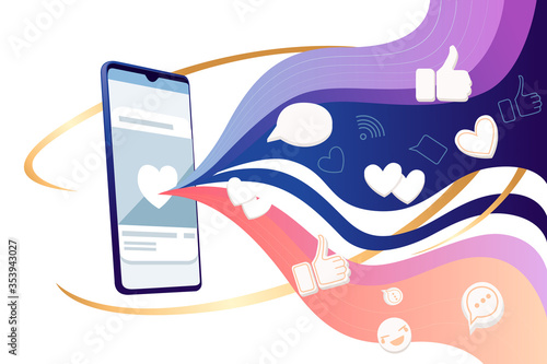 Black smartphone with abstract color wave and hearts likes thumbs up social media platform flat vector illustration on white background