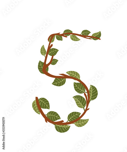 Number 5 brown tree branches with green leaves eco font flat vector illustration isolated on white background