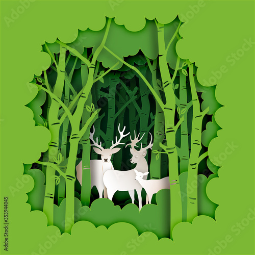 Paper art and digital craft style of deers in the green forest layer as wildlife , ecology and environment conservation creative idea concept. Vector illustration.
