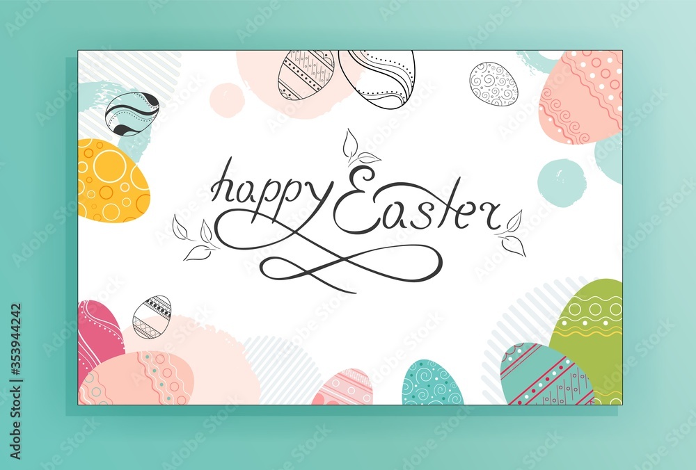 Congratulatory banner for the celebration of Easter. Vector spring greeting card with decorative eggs. Flat minimalistic image in pastel colors. Contour icons of easter eggs with ornament.