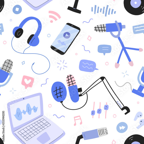 podcast and broadcast pattern, vector collage with microphones, headphones, computer program for recording and producing podcast shows, seamless ornament, hand drawn icons, endless background