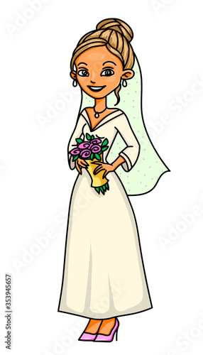 Happy smiling bride on a wedding day, female cartoon character isolated on white background. Fiancee in a long white dress and transparent veil with a bouquet of pink roses.Young woman getting married