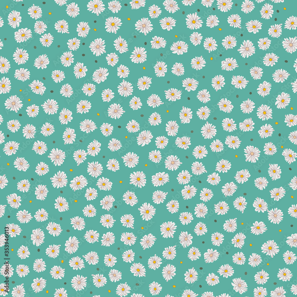 Seamless ditsy pattern in small cute wild daisy flowers.  Liberty style millefleurs. Floral background for textile, wallpaper, pattern fills, covers, surface, print, wrap, scrapbooking, decoupage