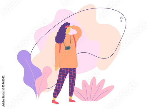 Vector illustration. Girl with camera looking into the distance. Minimalist flat cartoon style. Concept of exploration, hiking, adventure tourism and travel. Tourist with backpack. Isolated female