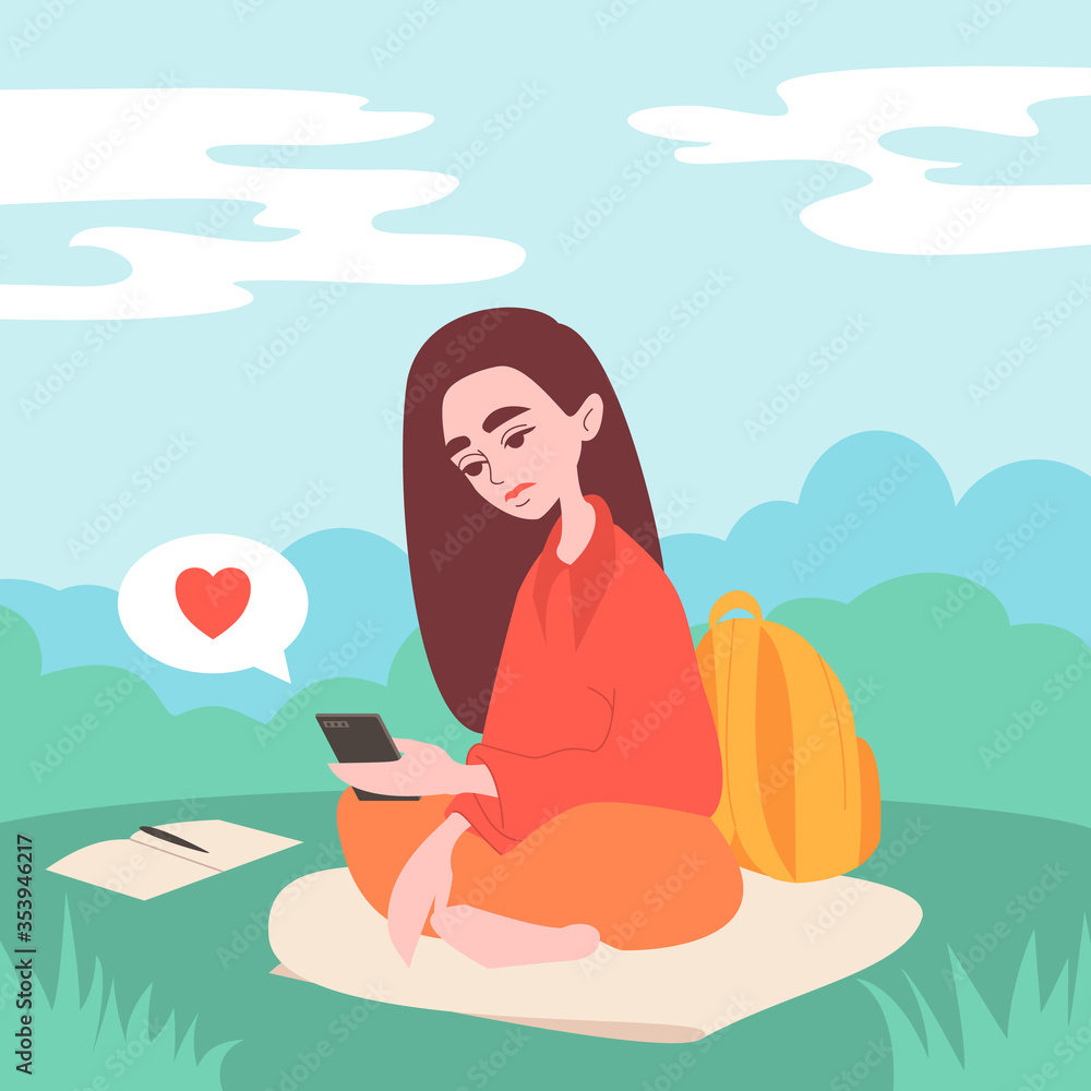 Woman with phone illustration concept. Girl Browsing Internet, Chatting, Blogging. Young girls using phone, sitting legs crossed.